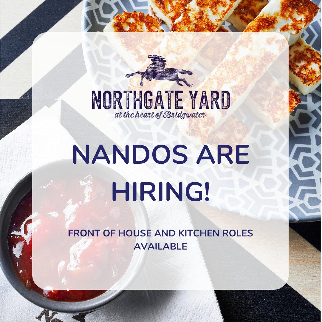 Looking for a new job? 

<a href="/NandosUK/">Nando's</a> are now hiring for their new restaurant in Northgate Yard!

With Front of House and Kitchen roles available, take a look to see if this might be something you fit the bill for… 

#NorthgateYard #Bridgwater #Jobs #Nandos