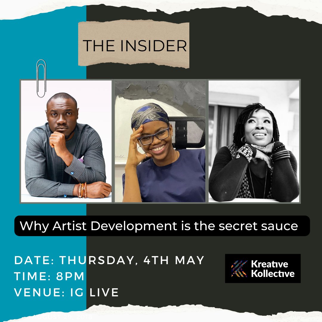 Attention all aspiring musicians! You won't want to miss our first episode of 'The Insiders' this Thursday at 8 pm.

We'll be diving into the topic of artist development in the African music industry.

Follow on IG: @Kreativekollectiv Live
#KreativeKollective #artistdevelopment