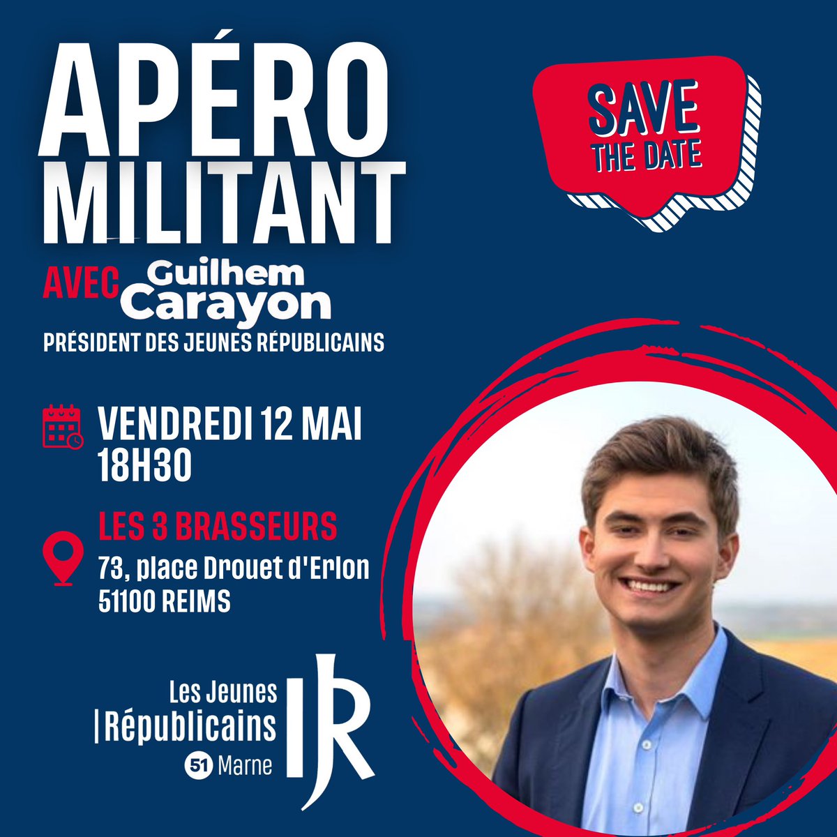 JeunesReps51's tweet photo. 📍Le 12 mai à Reims, @GuilhemCarayon sera là pour échanger avec nous sur le futur de la droite et d’une @Certaineidee de la France 👀 https://t.co/VbP0JrcAkV