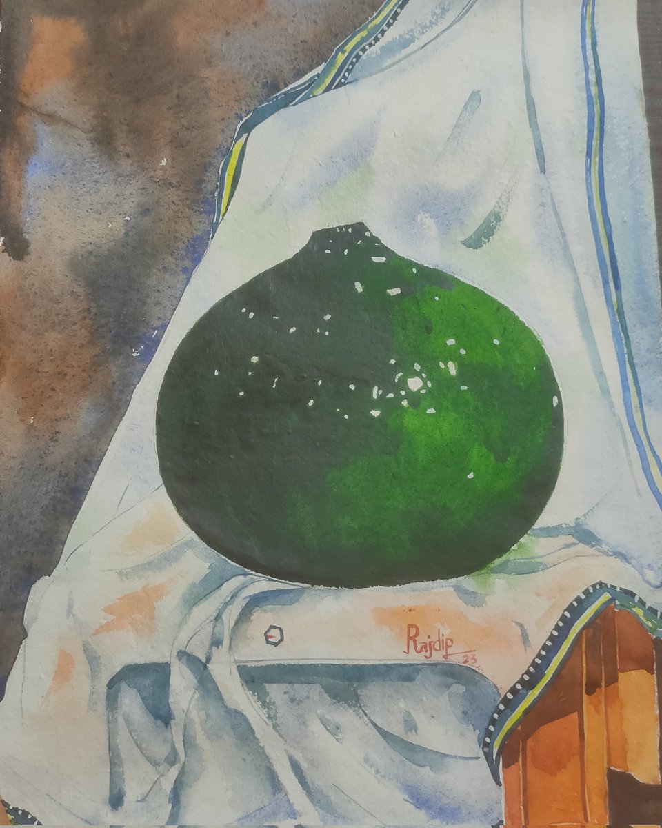 BallavRajdip's tweet photo. ....This painting based on Handmade paper...
[My new still life] 😍 
 size:- 11×15 Inch. 
 ##watercolour
 @artistrajdipballav. 
  2023💫 https://t.co/p3rUUGYoG1