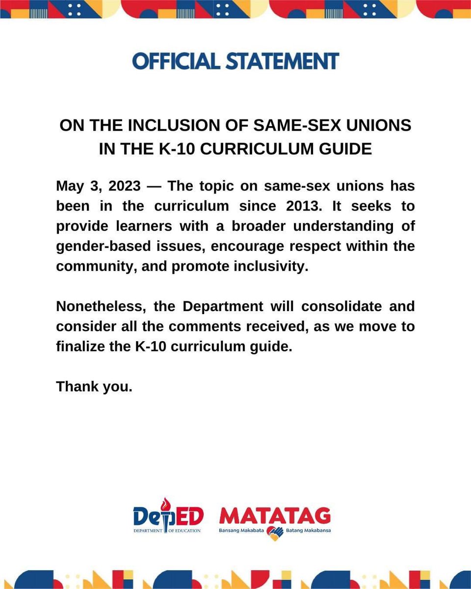 DepEd_PH's tweet photo. Official statement on the inclusion of same-sex unions in the K-10 curriculum guide https://t.co/ohGINiY5z0