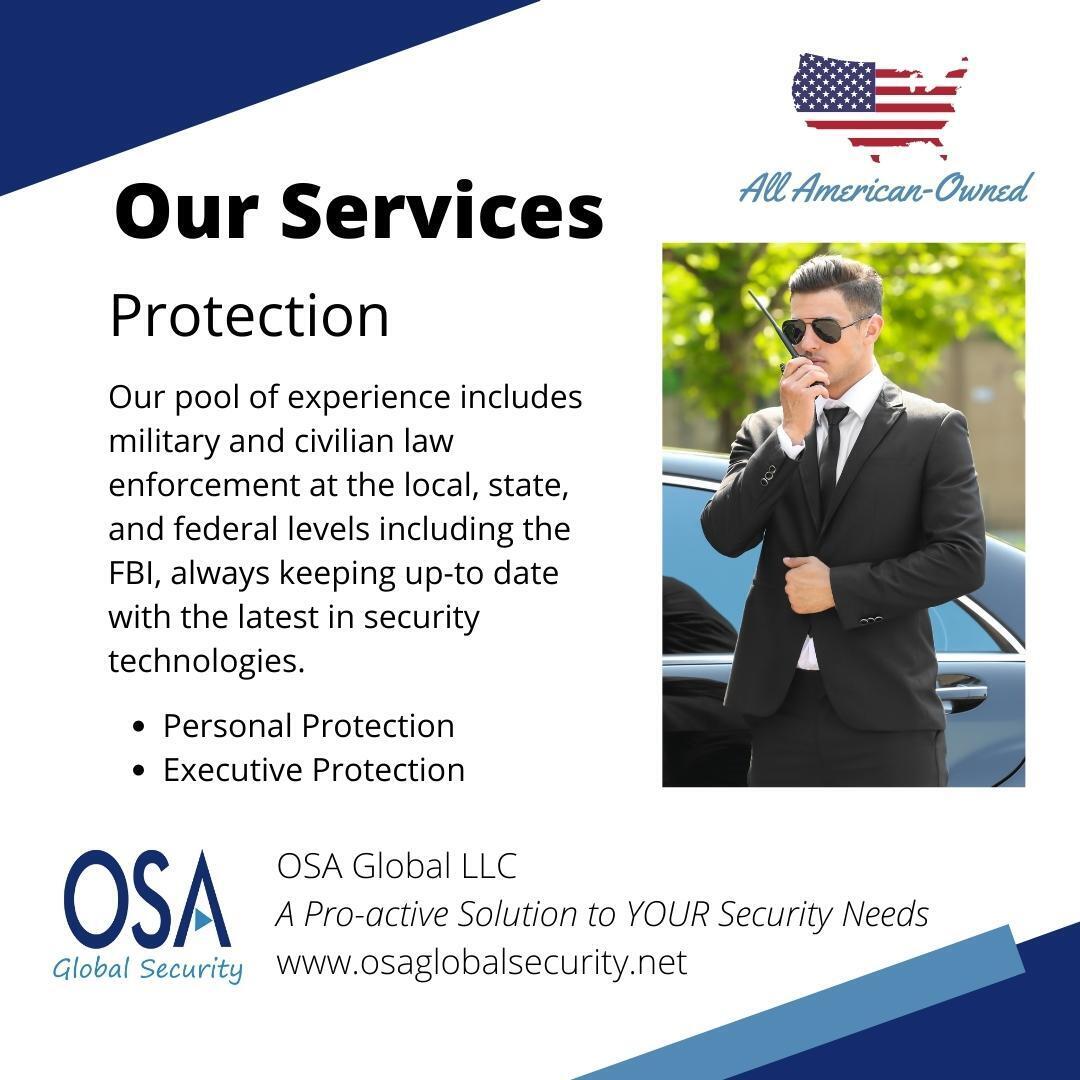 OsaGlobal's tweet photo. Our Protection Services: Personal Protection, Executive Protection

#EventSecurity #CruiseSecurity #IndustrialSecurity #ManufacturingSecurity #MobilePatrol #FootPatrol #HousingPatrol #MallPatrol​ #PersonalProtection #ExecutiveProtection #VeteranOwned #AmericanOwned https://t.co/RGTd7nnCMq