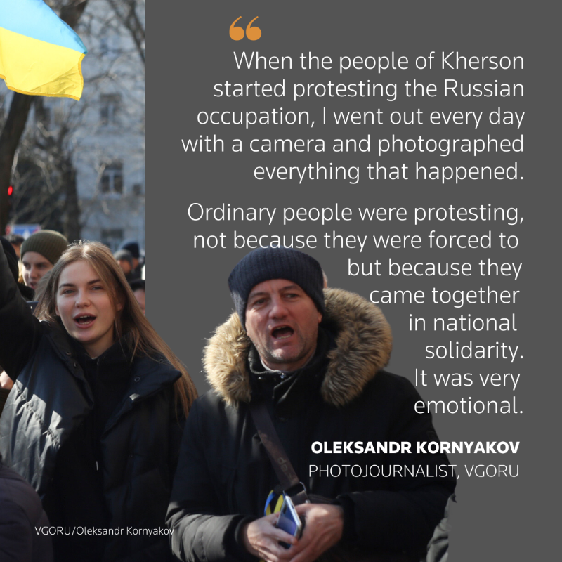 TRF's tweet photo. ✏️ Ukrainian reporters are risking their lives to provide lifesaving information during Russia’s full-scale invasion.

@vgorunews photojournalist Oleksandr Kornyakov shares his experiences of capturing life and the impact of the conflict in Kherson. ➡️ https://t.co/163ewelDMS