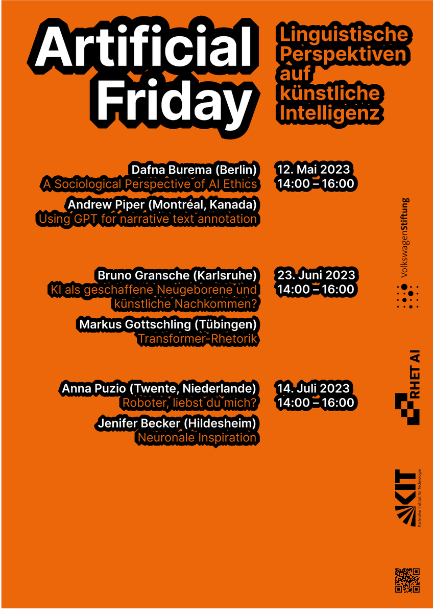 ai_rhet's tweet photo. 🗓️Save the date(s) 

Der #ArtificialFriday ist zurück mit Vorträgen aus Literaturwissenschaft, Kulturwissenschaft, Philosophie, Theologie zum Thema #KI

Termine: 12.05., 23.06. und 14.07.

Mit dabei: Dafna Burema, @_akpiper, Bruno Gransche, @emgehoh, @PuzioAnna und Jenifer Becker https://t.co/uJ1PAaFsQ5