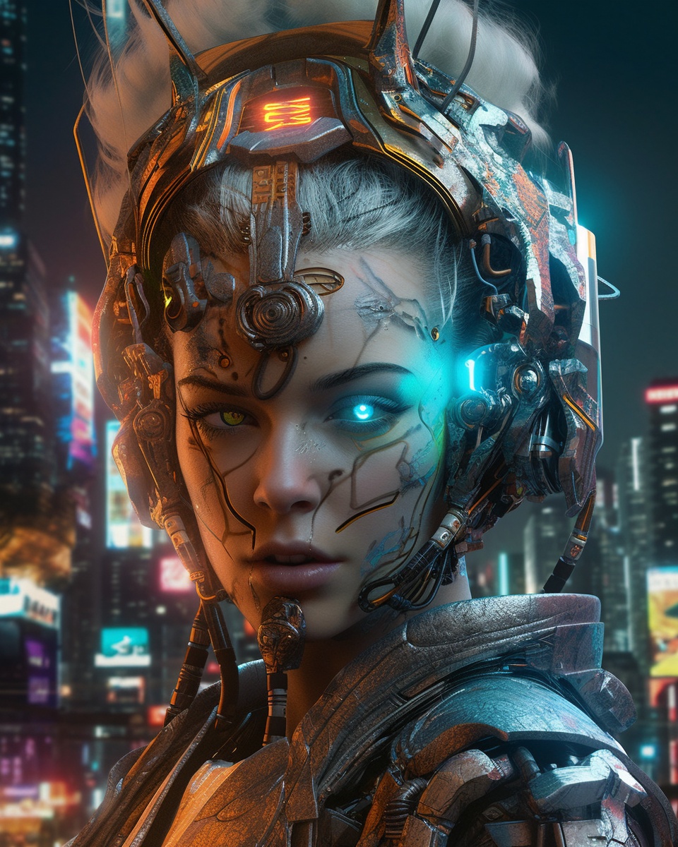 cesar20984's tweet photo. Close-up of a cyborg with organic and mechanical elements, set in a dystopian cityscape. The advanced artificial eye captures curiosity. #midjourney #AIArtworks #CyberpunkCore. Prompt in Alt. https://t.co/cNDxS2PXxX
