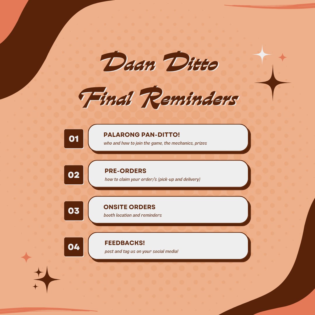 daan_ditto's tweet photo. Hello mga Ka-DDS (Daan Ditto Supporters)! 🧡 

Balita ko bukas na ang entrep fair? Hala! 🙀 Make sure to read our final reminders 📌 at ihanda niyo na ang inyong mga bulsa 💸 dahil darating na ang Daan Ditto... 😼 sa puso mo yieh ~ https://t.co/H0LbGhX2Pu