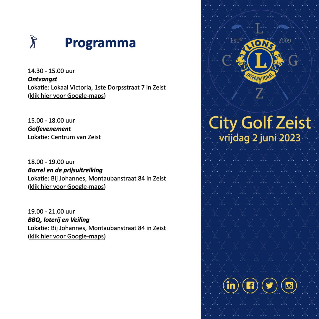 CityZeist's tweet photo. Het programma van City Golf Zeist 2023!

Wilt u meedoen als deelnemer of sponsor of als gast bij de BBQ, loterij en veiling? Meld je dan aan via de website.

#CityGolf #Golf #Evenement #Goededoelen #Lions #Zeist #BBQ #Veiling #Loterij https://t.co/EBToUJPHgH