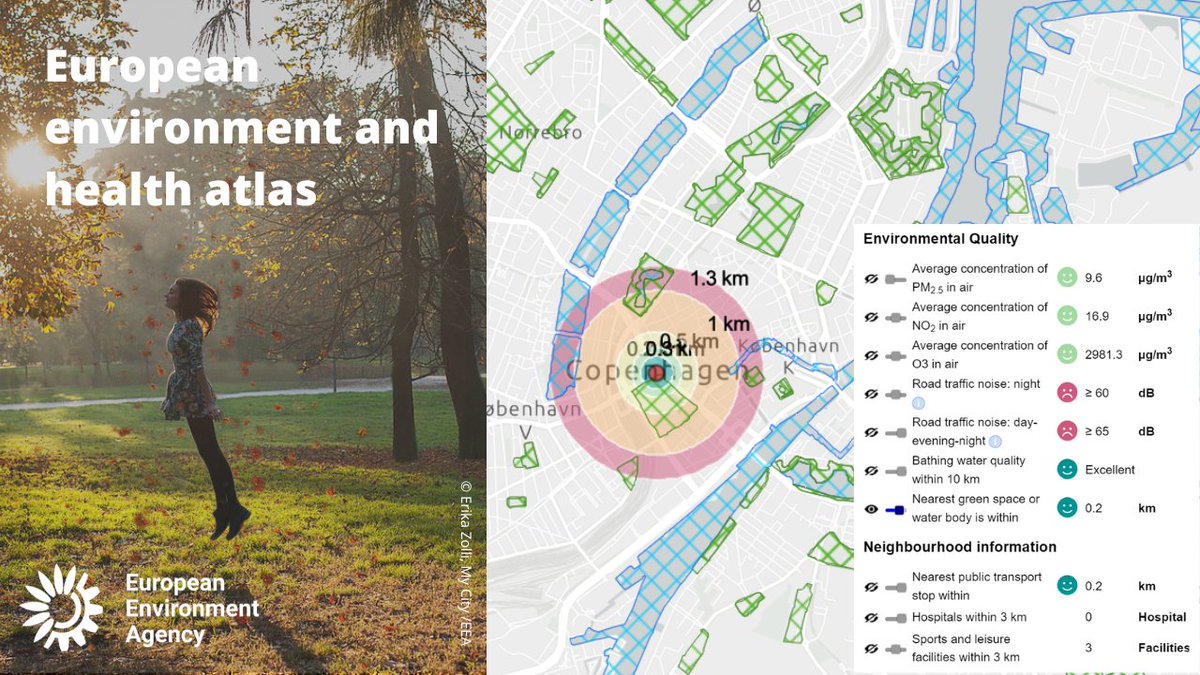 EUEnvironment's tweet photo. How is the air quality where you live? Are there many green spaces available? Now you can check the quality of the environment on one online platform, the EEA’s European #environment &amp; #health #atlas!

Check the quality of your living environment!

👉https://t.co/ZZFgk9G02X https://t.co/KV469T30AY