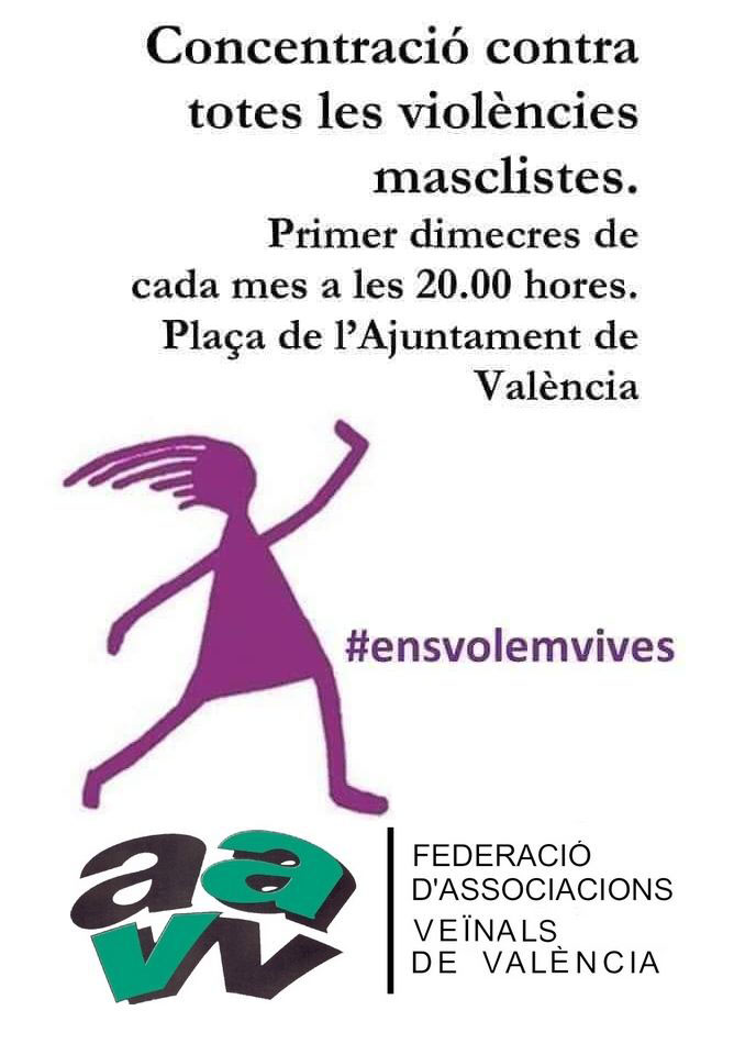 Hoy, como cada primer miércoles de mes, nos convocamos a la concentración en la Plaza del Ayuntamiento de #València a las 20:00h contra la violencia de género