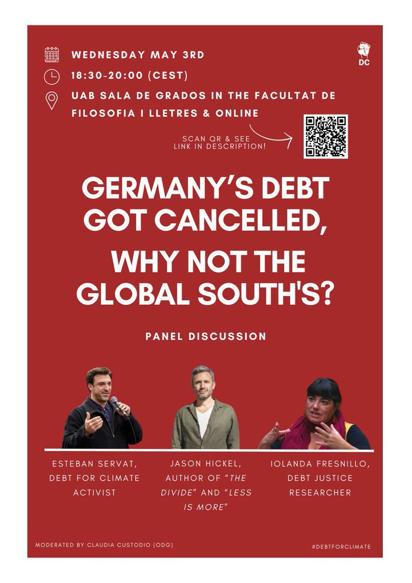 jasonhickel's tweet photo. Join us for this event tonight at UAB, organized by @DebtforClimate comrades in Barcelona. https://t.co/rhHR9Q0K2b