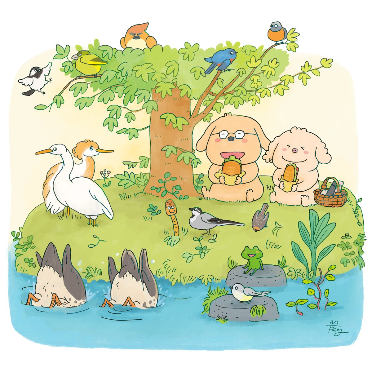 父親の誕生日プレゼントに描きました。野鳥に囲まれた夫婦画です🐶🐶 https://t.co/ImxqEk3eTO