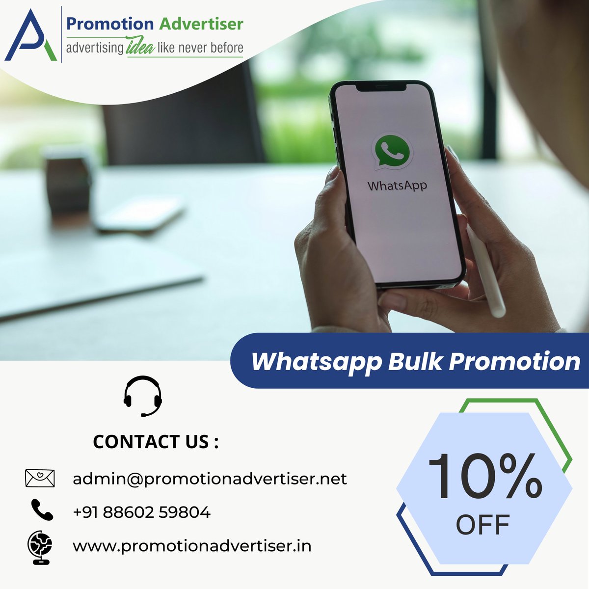 promotionadver's tweet image. Promotion Advertiser _Promotional messaging is a great way to introduce people to your new products , Try our #BulkWhatsAppSMS and do #branding .
.
.
.
Get More information
Please visit us at:- promotionadvertiser.in
Contact us :- +91-8860259804 ,8851202522 ,9311792733

#MayDay
