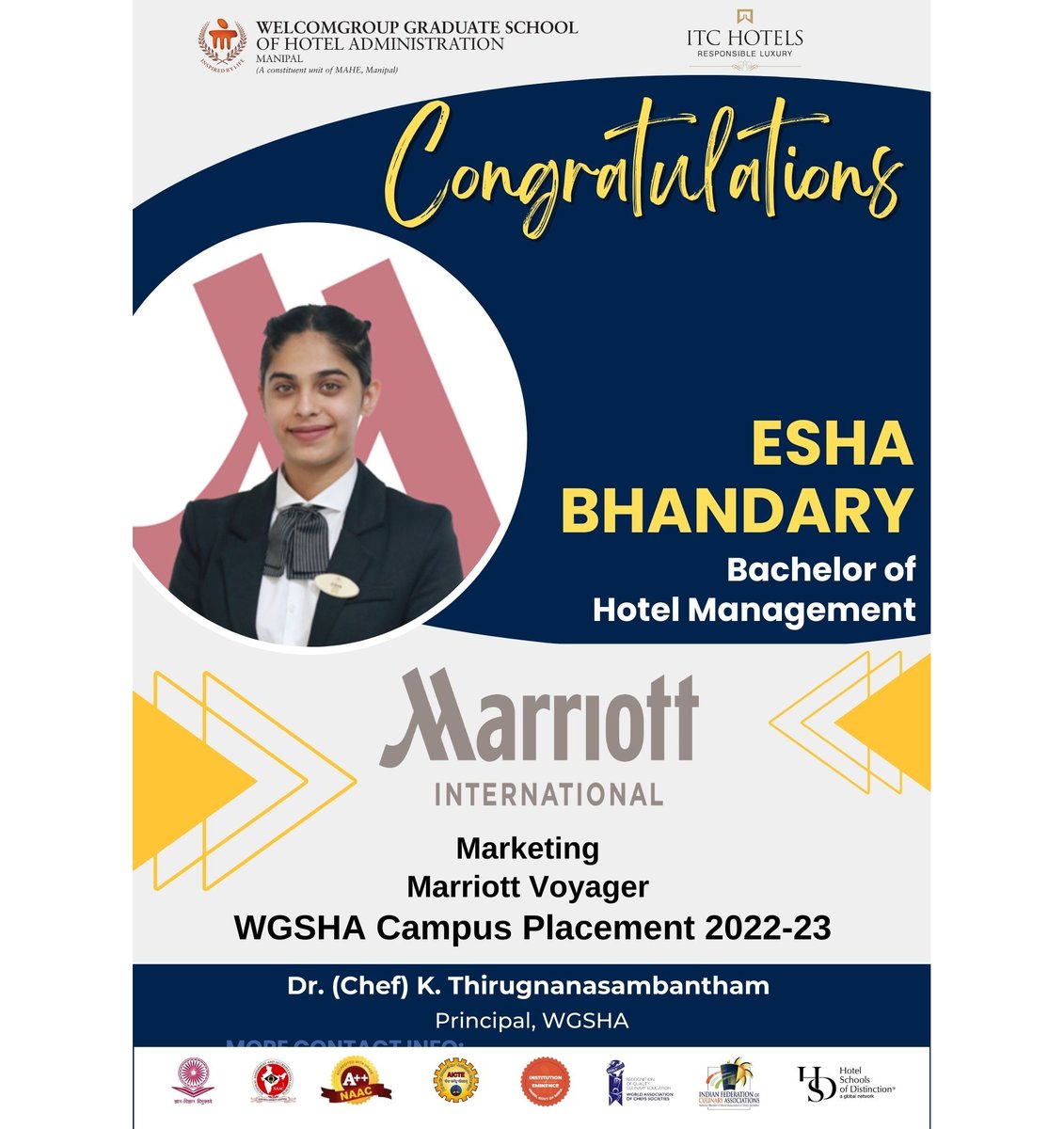 WManipal's tweet photo. #placement Congratulations Ms. Esha Bhandary on her successful placement in WGSHA Placement Drive2023 for #Marketing at #marriottvoyager2023
@ThiruChef @MAHE_Manipal @ITCHotels @ITCCorpCom
#StudentsofWGSHA #hospitalityindustry #marriottinternational #MAHE #manipal https://t.co/vATCIDGzwq
