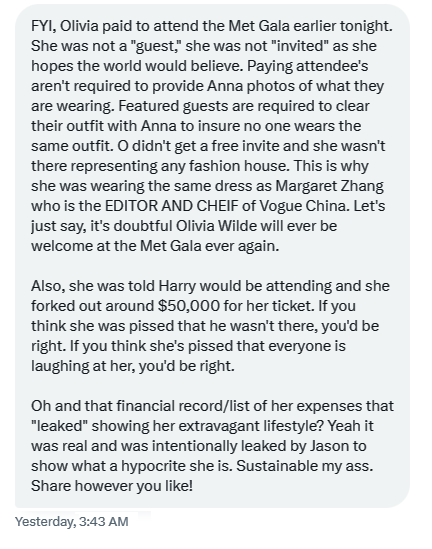 UPDATE: Basically, if Olivia Wilde had been invited to the Met she wouldn't have been allowed to wear the same dress (color is insignificant) as Margaret Zhang. O wearing the white version is just proof O paid $50k to get in &amp; her dress wasn't reviewed by Wintour. #timesupolivia