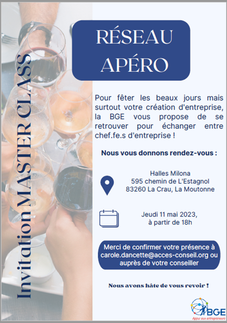 📌Evénement professionnel

Nous invitons prochainement les jeunes chefs d'entreprise accompagnés par BGE à participer à notre événement le jeudi 11 Mai aux Halles Milona 595 chemin de l’Estagnol à La Crau afin de partager les expériences et dynamisme de nos entrepreneurs !