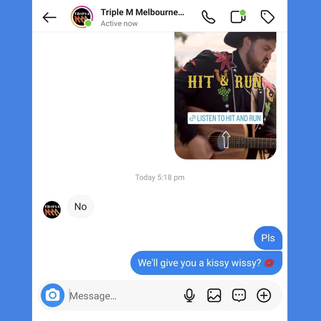AuntyDonnaBoys's tweet photo. Our negotiations to get #hitandrun played on @TripleMMelb are going great! https://t.co/3JpIZ7UF0k