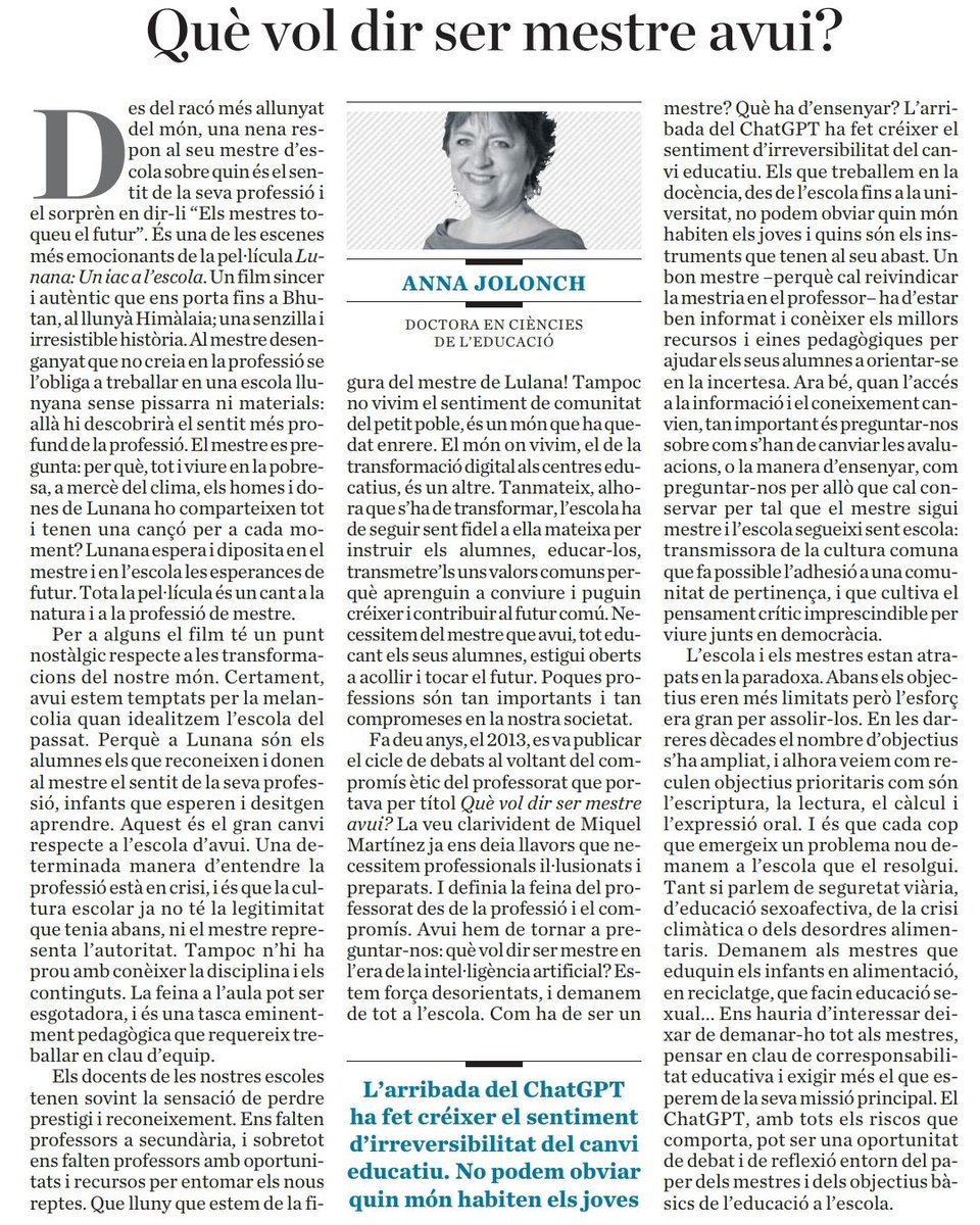 PiGaOt's tweet photo. Interessant reflexió d’@AnnaJolonch 
“L’arribada del CharGPT ha fet créixer el sentiment d’irreversabilitat del canvi educatiu. No podem obviar quin món viuen els joves” 

Però hem reflexionat prou sobre què vol dir ser mestre avui? I en un futur ni gaire llunyà?
#repteseducatius https://t.co/4KwWd7zEl6
