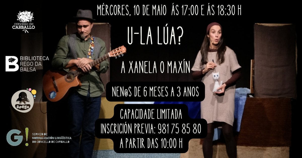 bibliocarballo's tweet image. Xa vos podedes inscribir chamando ao 981758580 para a vindeira actividade do programa #Apego: U-la Lúa?, con @axaneladomaxin. Un #contacontos de #monicreques, destinado a crianzas de 6 meses a 3 anos. Non o perdades! :D 
youtube.com/watch?v=up1wmA…