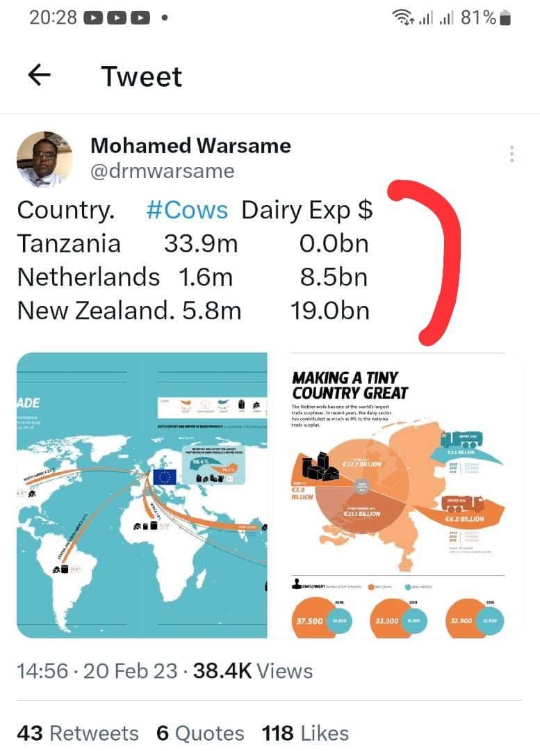 Stephen W. Msechu (@msechustephen) on Twitter photo #Tanzania has over 33.9 Mil cows but we export nothing in terms of dairy products, #Netherlands is said to have 1.6Mil cows and reaps over USD 8.5 Bil in exports. The problem must be in the leadership! <a href="/MichaelDalali/">Mikaeli</a> <a href="/Semkae/">Sem</a> <a href="/TheChanzo/">The Chanzo</a> <a href="/tatic2022/">Tanzania Trade and Investment Coalition(TATIC)</a> <a href="/AudaxR/">DAKI</a> #Tanzania has over 33.9 Mil cows but we export nothing in terms of dairy products, #Netherlands is said to have 1.6Mil cows and reaps over USD 8.5 Bil in exports. The problem must be in the leadership! <a href="/MichaelDalali/">Mikaeli</a> <a href="/Semkae/">Sem</a> <a href="/TheChanzo/">The Chanzo</a> <a href="/tatic2022/">Tanzania Trade and Investment Coalition(TATIC)</a> <a href="/AudaxR/">DAKI</a>