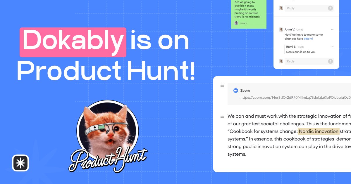 dokably's tweet photo. @dokably is on @ProductHunt 🥳🥳🥳

Let's play together! Show us your strong support. It means the world to us! https://t.co/cLdxbtW2o3

With #Dokably, you can create projects and collaborate with your team in one place. It allows you to save up to 1.5 hours of work time per day.

#producthunt #buildinpublic #startup