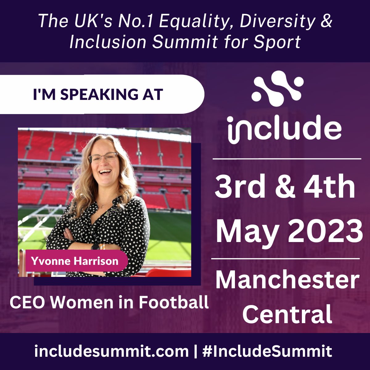 Looking forward to speaking at #IncludeSummit in my wonderful #Manchester later this morning on behalf of <a href="/WomeninFootball/">Women in Football</a> with a stellar line up, hosted by the fabulous <a href="/sueanstiss/">Sue Anstiss MBE</a> See many of you there!