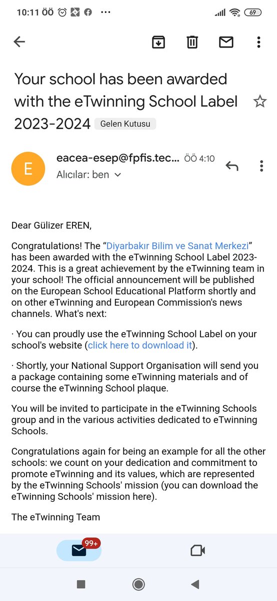 Sabah sabah mesaj kutuma gelen en güzel mesaj.Okulumuz eTwinning school etiketi almayı hak kazandı.Emeği geçen herkesin emeğine sağlık 👏
<a href="/eTwinningDestek/">eTwinning Projects Dissemination</a> <a href="/tretwinning/">eTwinning Türkiye</a> <a href="/eTwinningdyrbkr/">eTwinning Diyarbakır</a>
