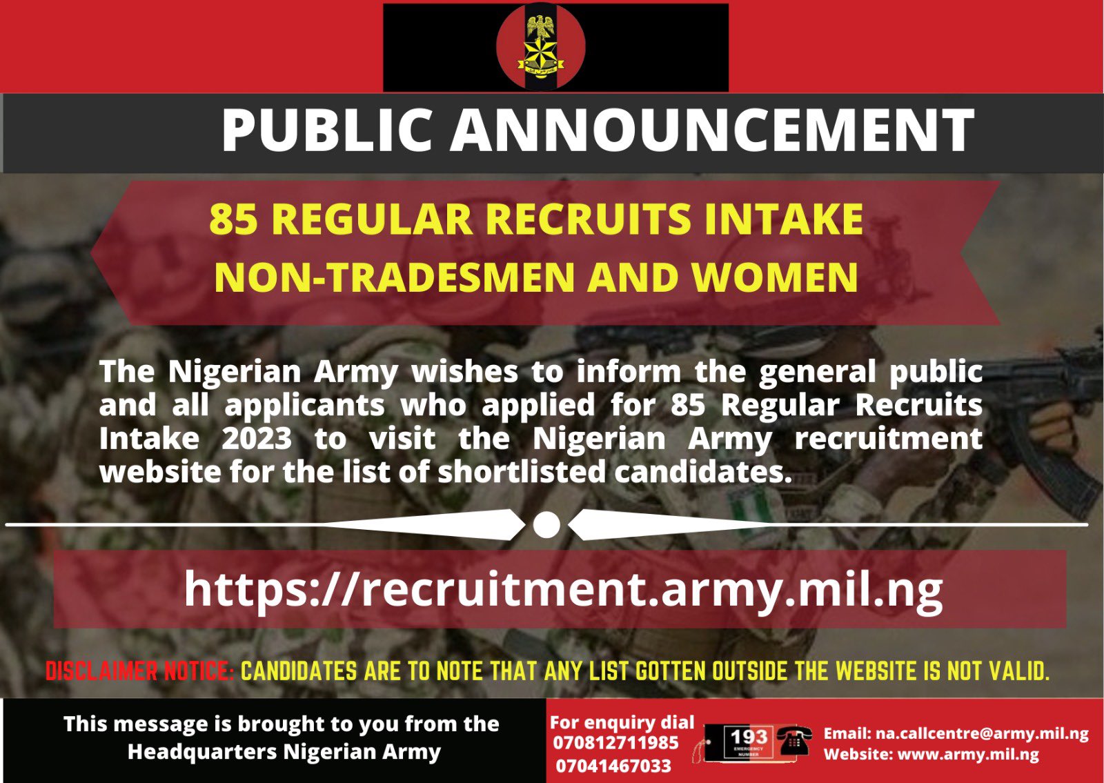 Nigerian Army on X: &ldquo;PUBLIC ANNOUNCEMENT ON 85RRI The Nigerian 