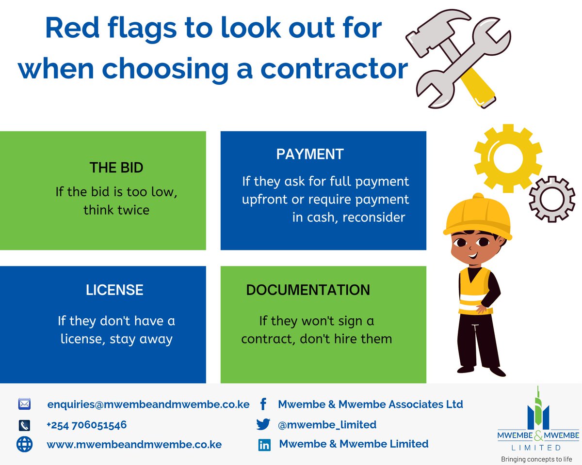 mwembe_limited's tweet image. #WisdomWednesday
Finding the right contractor for your project determines its success or failure. Here are some red flags to watch out for while looking for a contractor. 

#contractors #insightsias #constructionmanagers #bringingconceptstolife