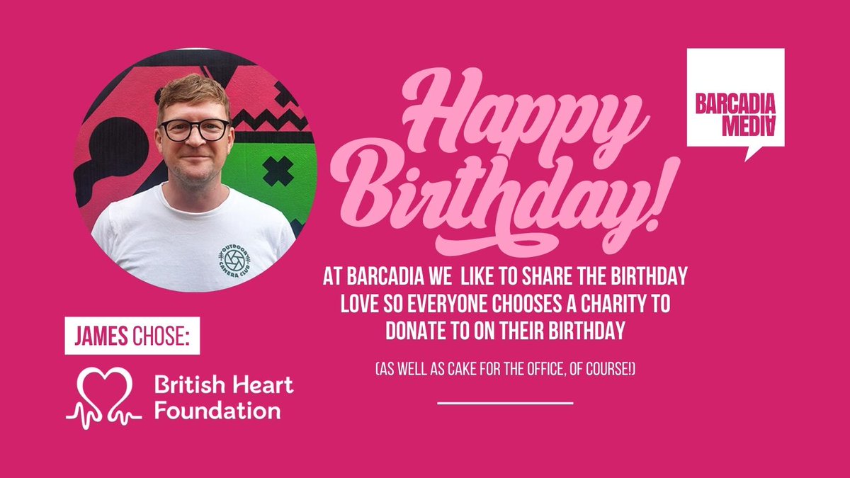 A very happy #BarcadiaBirthday to co-founder <a href="/JamesArtLucas/">James Art Lucas 🇪🇺</a> - who has chosen <a href="/TheBHF/">British Heart Foundation</a> as his birthday charity donation 😍 ❤️