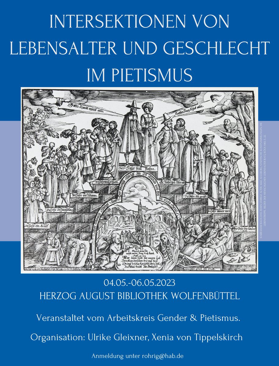 Morgen startet an der #HAB_WF die #Tagung „Intersektionen von Lebensalter und Geschlecht im #Pietismus“ mit dem Abendvortrag von Christina Petterson „Age as Pieces of Heavently Time in the World“. 
Zur Tagung: bit.ly/3nmIDhx
Zum Abendvortrag: bit.ly/3HwSRmt