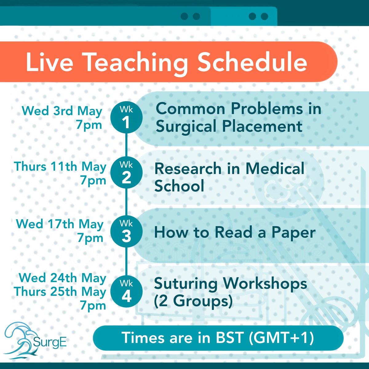 SurgeCourse's tweet photo. A warm welcome to our May 2023 cohort!
Alongside regular course content, SurgE will be holding one live teaching session per week over the next 4 weeks. Attendance will be noted as part of course completion.
See you all there!
———
#surgecourse https://t.co/rZYvBY0qOP