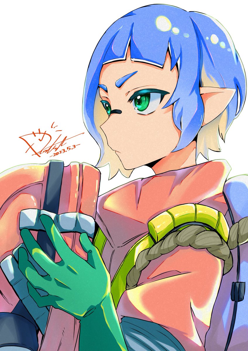 inkling pointy ears solo green gloves gloves green eyes blue hair signature  illustration images
