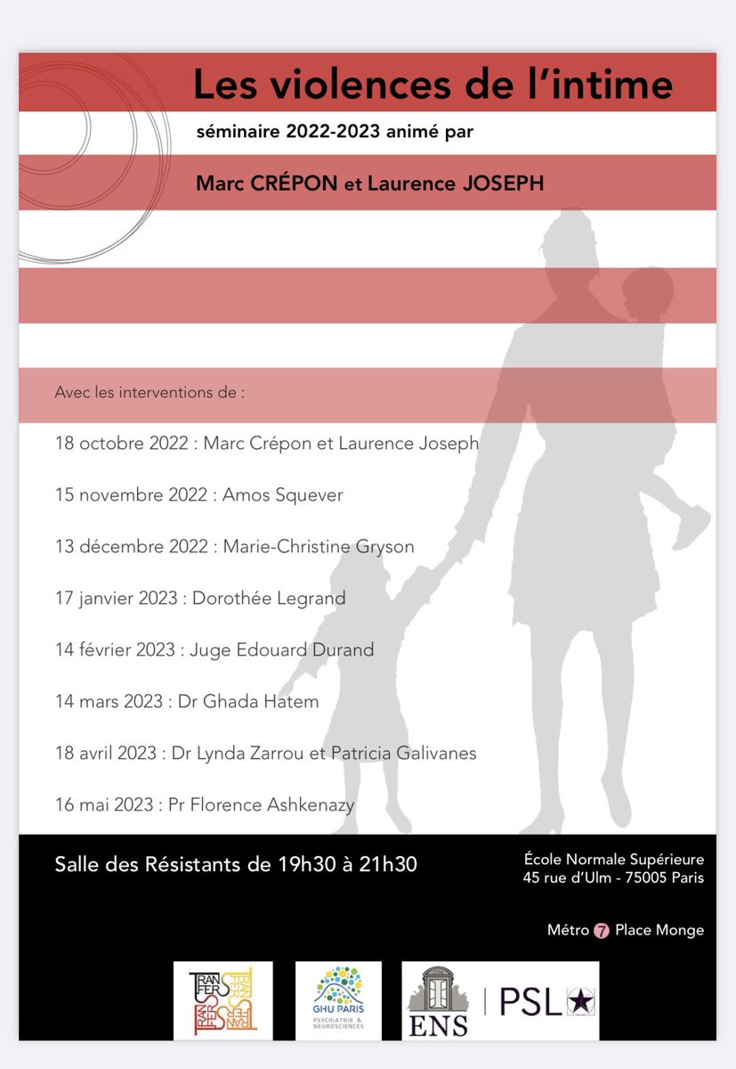 LaurenceGuicha1's tweet photo. ✅Le mardi 16 mai la Pr Florence #Askenazy , cheffe de service en pédopsychiatrie a l’hôpital #Lenval de Nice viendra parler de son travail après les attentats de #Nice dans notre séminaire sur les VIOLENCES de l’INTIME. @GhuParis @ENS_ULM https://t.co/cBOzVUGYww