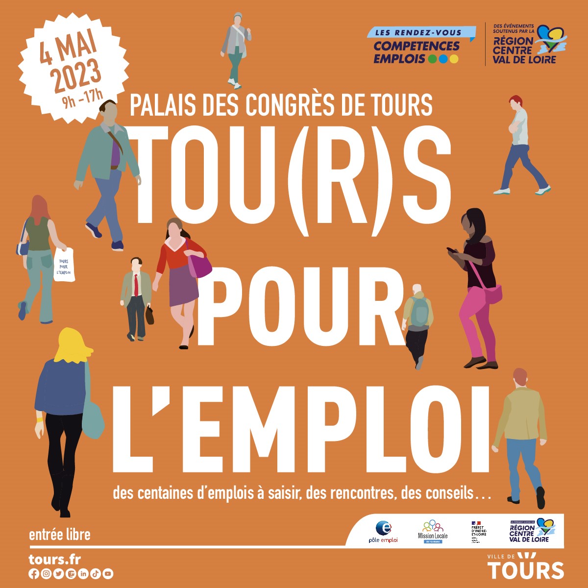 #Emploi 🏢
📣 Ce jeudi 4 mai au Palais des Congrès de #Tours, c'est Tou(r)s pour l'emploi !

🕘 De 9h à 17h, RDV avec 120 exposants issus de 11 secteurs d'activités et profitez des conseils de 19 agences d'emploi, 12 #CFA et organismes de #formation 🏫

🔗 rcvl.fr/TPE2023