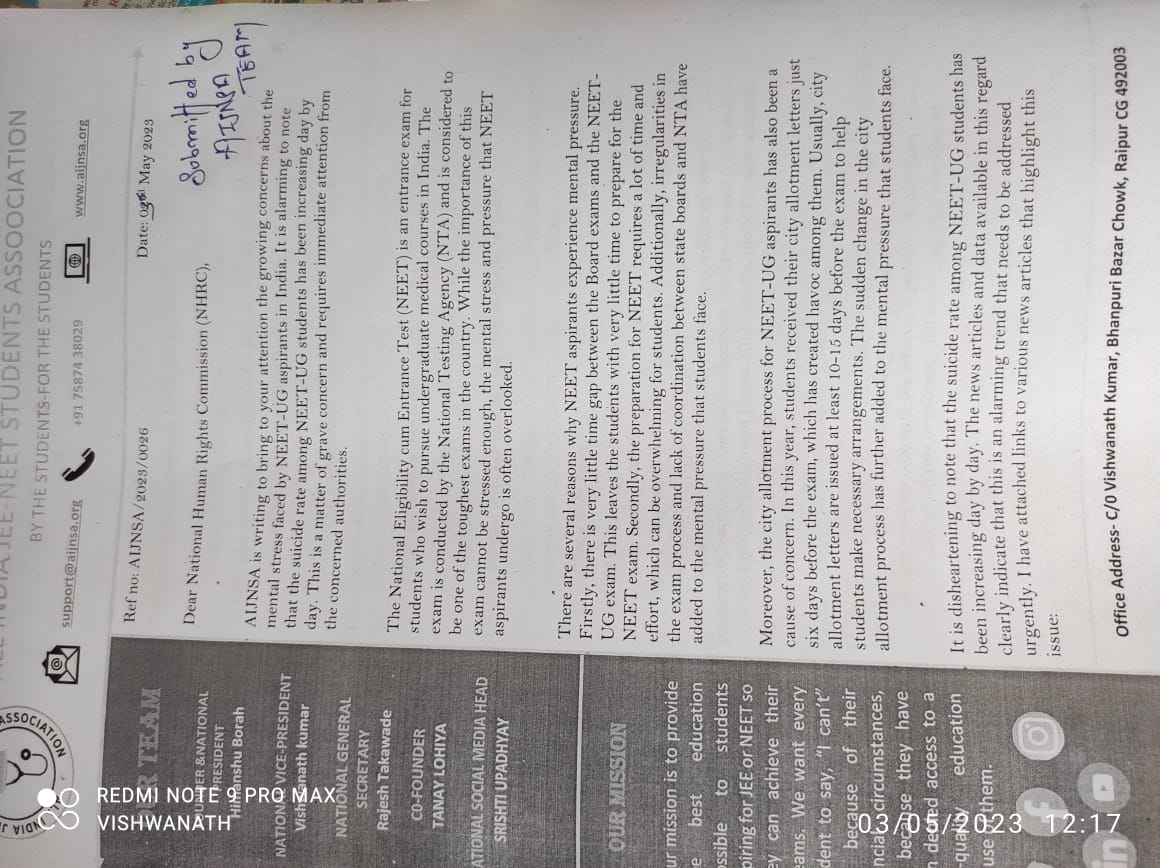 AIJNSA_official's tweet photo. "Today, AIJNSA submitted a letter to NHRC highlighting the growing concerns about the mental stress faced by NEET-UG aspirants in India. It is alarming to note the increasing suicide rate among NEET-UG students. @ShikshaDotCom @pallavipathak1 @Xpress_edex  #NEETUG2023POSTPONE https://t.co/6I5Rl2Rkus