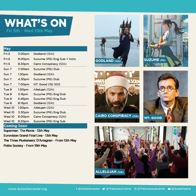 🎬✨ New week, new films at our cinema! ✨🎬
🎥 Godland (12A)
🎥  NT: Good (15)
🎥 Allelujah (12A)
🎥 Suzume (PG)
Book now for some cinematic magic! 🎟️👉 loom.ly/d648AgA