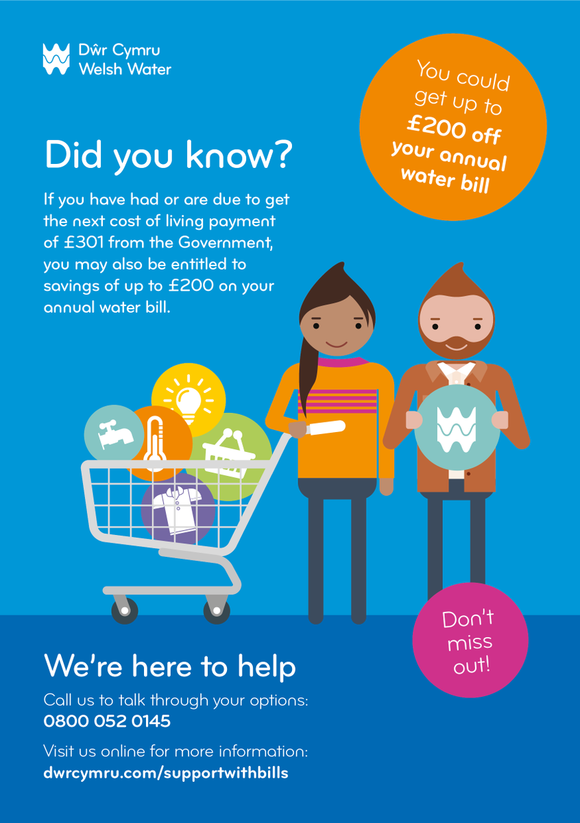 🚰 Did you know you could be entitled to savings of up to £200 on your annual water bill? 
➡️ Visit <a href="/DwrCymru/">Welsh Water</a>'s website for more information:
orlo.uk/Rwr7A
👉 If you need support with your bills, our Money Advice Team are available to help you: orlo.uk/ott7r