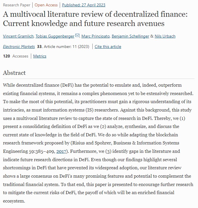 Electronic Markets - The International Journal on (@journal_em) on Twitter photo "A multivocal literature review of decentralized finance: Current knowledge and future research...", by Vincent Gramlich, Tobias Guggenberger, Marc Principato, Benjamin Schellinger & Nils Urbach, FIM Research Center <a href="/unibt/">Universität Bayreuth</a> <a href="/Fraunhofer_FIT/">Fraunhofer FIT</a> <a href="/FrankfurtUAS/">Frankfurt University of Applied Sciences</a> doi.org/10.1007/s12525… "A multivocal literature review of decentralized finance: Current knowledge and future research...", by Vincent Gramlich, Tobias Guggenberger, Marc Principato, Benjamin Schellinger & Nils Urbach, FIM Research Center <a href="/unibt/">Universität Bayreuth</a> <a href="/Fraunhofer_FIT/">Fraunhofer FIT</a> <a href="/FrankfurtUAS/">Frankfurt University of Applied Sciences</a> doi.org/10.1007/s12525…