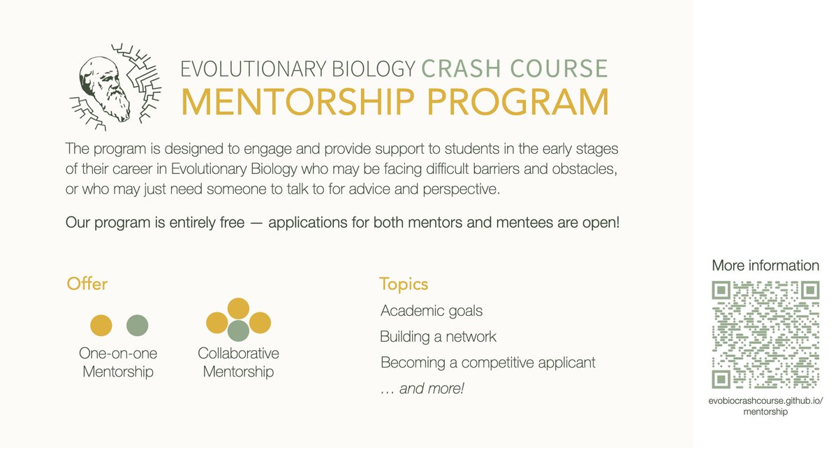 We believe that mentorship with representation can go a long way ✨️ We're looking for students AMD mentors to continue with our #EvoBioMentoring program. Go to evobiocrashcourse.github.io to learn more on how to apply. We're excited to have you 💚🤝🏽
