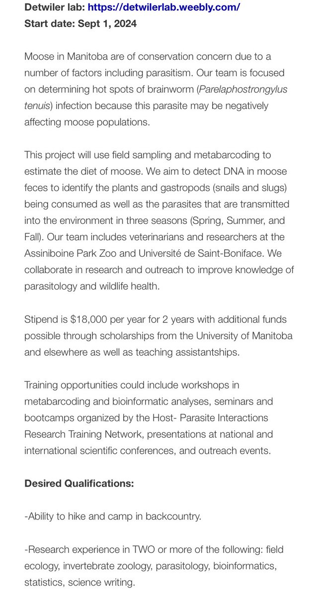 drhammed's tweet image. Fully-Funded MSc position in Canada. 

Suitable for students with background (&amp;amp;interest) in bioinformatics, statistics, science writing, parasitology, invertebrate zoology, and related fields.

The selected candidate will be enrolled at the University of Manitoba.

Start date-…