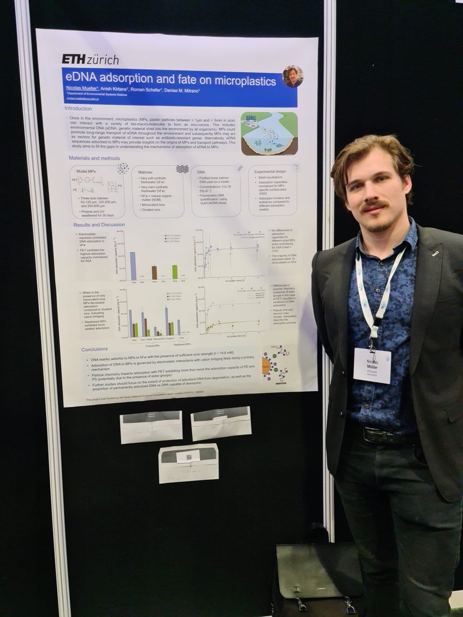 DeniseMitrano's tweet photo. Nicolas gets in some great discussions and interest on his results for a new direction for the ECAM group: assessing eDNA and microplastics @SETAC_plastics https://t.co/TkRw12tyL4