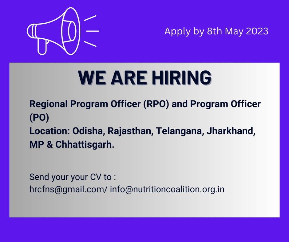 The Coalition for Food and Nutrition Security (@cfnsnewdelhi) on Twitter photo Hiring Alert!
CFNS is looking for Regional Program Officer (RPO) and Program Officer (PO) in various locations across India.
Send your CV along with a Cover Letter to hrcfns@gmail.com/ info@nutritioncoalition.org.in
For more information visit: nutritioncoalition.org.in/get-involved/c… Hiring Alert!
CFNS is looking for Regional Program Officer (RPO) and Program Officer (PO) in various locations across India.
Send your CV along with a Cover Letter to hrcfns@gmail.com/ info@nutritioncoalition.org.in
For more information visit: nutritioncoalition.org.in/get-involved/c…