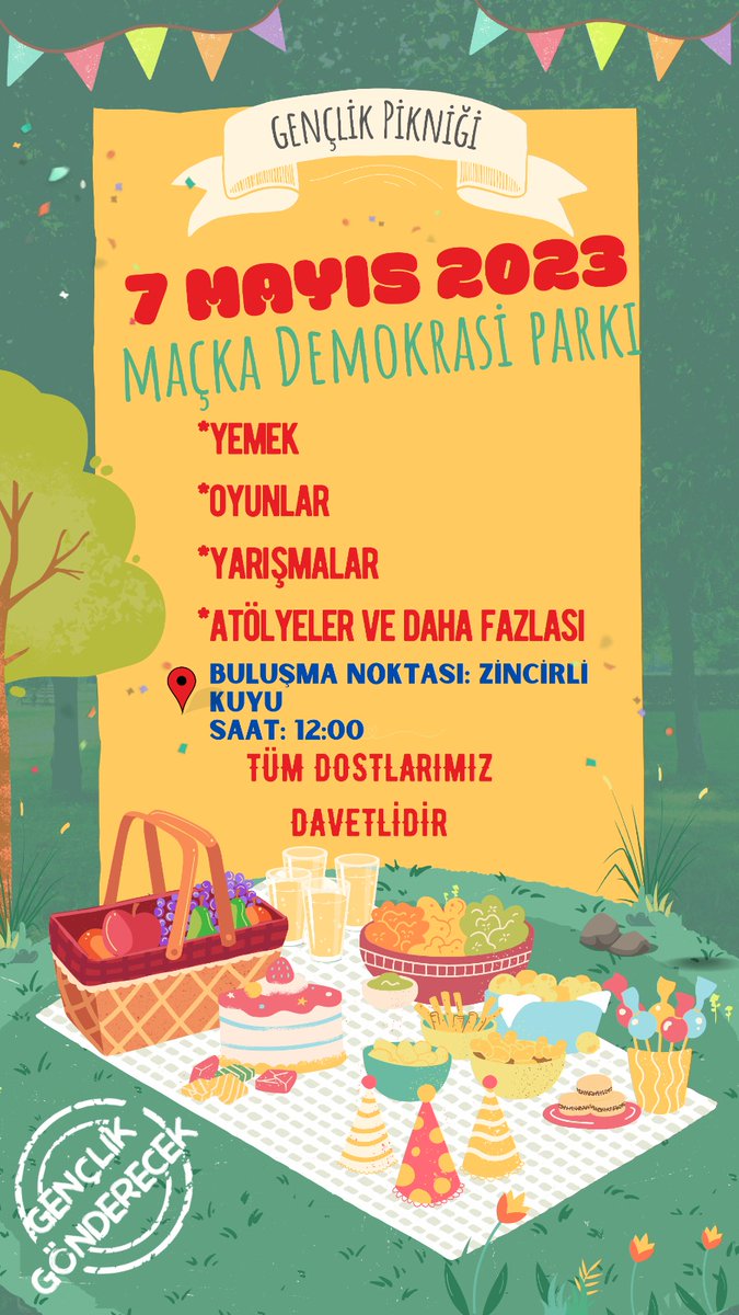 ☀️Baharın gelişiyle, güneşli güzel günlere merhaba demek için bir araya geliyoruz. 
7 Mayıs Pazar günü Gençlik Pikniğimize tüm dostlarımızı bekliyoruz. 

⭐7 Mayıs Pazar Gençlik Pikniği 
📍Ortak Buluşma Noktaları 
12:00 (Zincirlikuyu Metrobüs Çıkışı)
12:30 Beşiktaş Meydan (Hakan