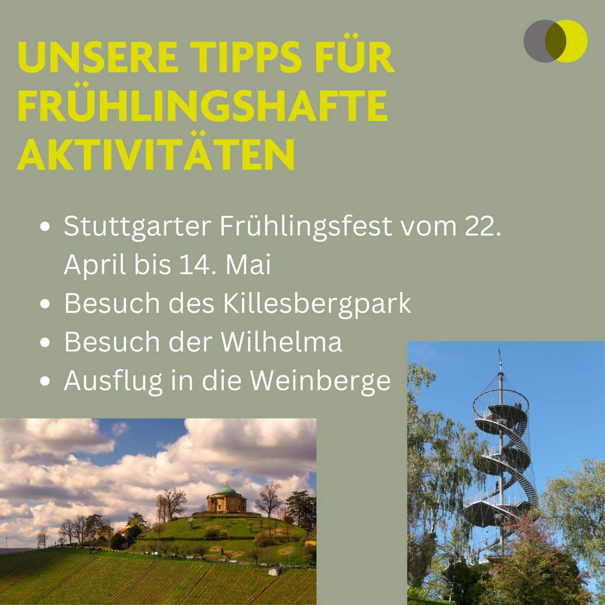 Endlich werden die Tage länger, die Temperaturen steigen und die Sonne kommt wieder öfter hervor.🌷☀️
Passend dazu haben wir PRIHOs euch heute ein paar frühlingshafte Aktivitäten im Raum Stuttgart zusammengestellt.