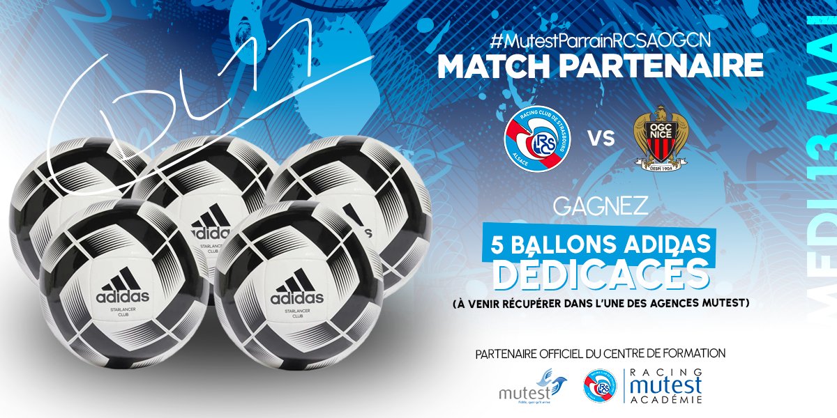 mutuellemutest's tweet photo. [#MutestParrainRCSAOGCN]
À l'occasion de #RCSAOGCN, Mutest est fier d'être le #ParrainOfficiel du match ! Pour célébrer ce partenariat, nous organisons un #jeuconcours pour gagner 5 ⚽️ dédicacés
Pour jouer 👇
🔷RT &amp; follow @mutuellemutest
🍀TAS le 11/05
⚠️ Lot à retirer en agence https://t.co/qDsTQoGvz5
