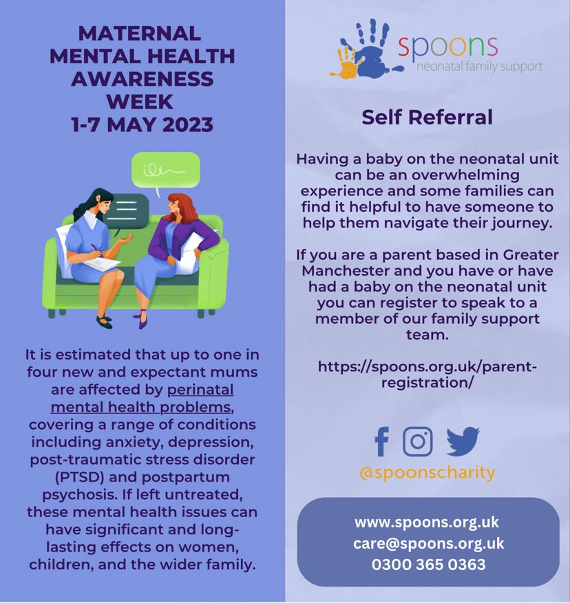Our family support team can help neonatal families navigate the neonatal journey, including support with mental health & well being ❤️
Get in touch to find out more care@spoons.org.uk

#MaternalMentalHealthAwarenessWeek #MaternalMentalHealth
