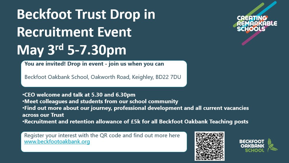Beckfoot Trust (@beckfoottrust) on Twitter photo One Trust Where All Belong. Join us @BeckfootOakbank school tonight to find out more in our <a href="/BeckfootTrust/">Beckfoot Trust</a> Drop In Recruitment Event 5-7.30pm. One Trust Where All Belong. Join us @BeckfootOakbank school tonight to find out more in our <a href="/BeckfootTrust/">Beckfoot Trust</a> Drop In Recruitment Event 5-7.30pm.