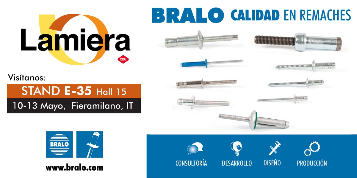 BRALO_es's tweet photo. ¡Reserva la fecha!
BRALO Italia estará una vez más en @Lamiera2023 del 10 al 13 de mayo. Nuestro equipo estará a su disposición para mostrarle la gama más amplia en #remaches y nuestras #remachadoras profesionales.
@BRALO_es Soluciones de #Fijación en todas las #industrias https://t.co/1xt1oPWx5B