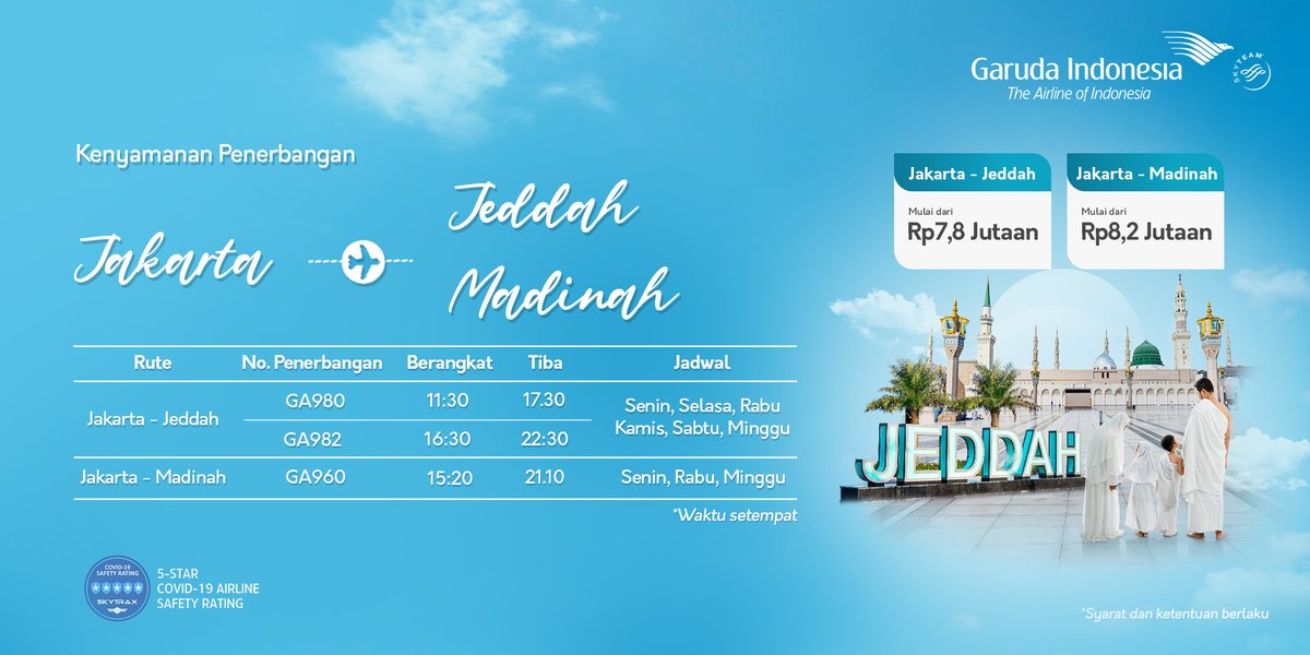 IndonesiaGaruda's tweet photo. Kini Anda bisa terbang menuju Jeddah 12 kali dalam seminggu dan Madinah 6 kali dalam seminggu untuk kebutuhan bisnis dan lainnya.
Pesan tiket Anda melalui aplikasi FlyGaruda atau https://t.co/uhlNsEFfck
#GarudaIndonesia
#BecauseYouMatter
#ItsYouThatKeepUsFlying https://t.co/Eu2tYjKd32