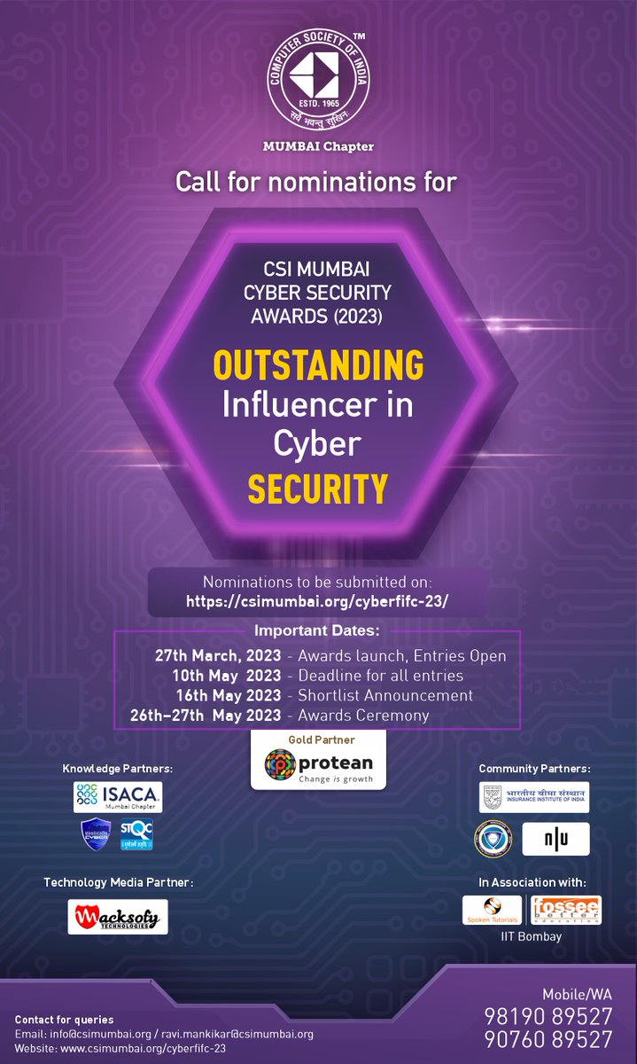 Call for Nominations for CSI Mumbai Cyber Security Awards (2023)  Award Nomination Website: lnkd.in/dJC9tbBy

<a href="/vishalpawade/">Vishal Pawade</a>
<a href="/pritamyawalkar/">pritamyawalkar</a>
<a href="/rmankikar/">Ravikiran Mankikar</a>
#cybersecurity #datasecurity #cybercrime